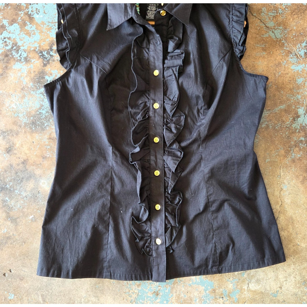 Vintage Y2K Black Ruffle Front Top Size XL 15 17 Cap Sleeve Corpcore Button Up - Picture 4 of 8